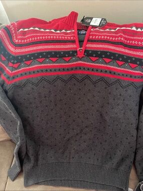 Chaps Men’s Red & Charcoal Fair Isle Half-Zip Sweater